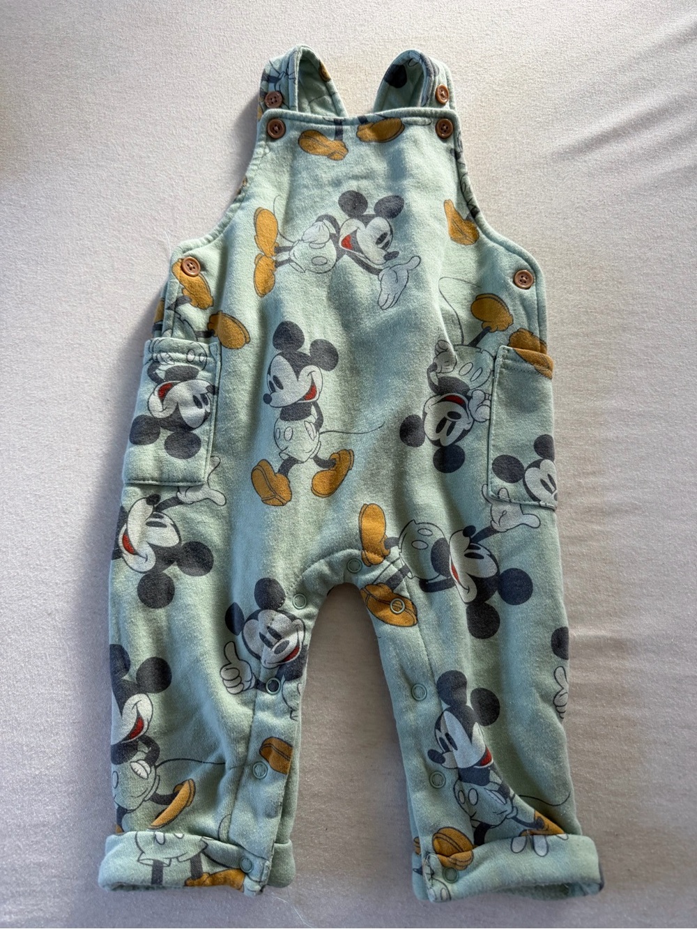 Disney Mint Green Mickey Mouse Overalls with Yellow Accents